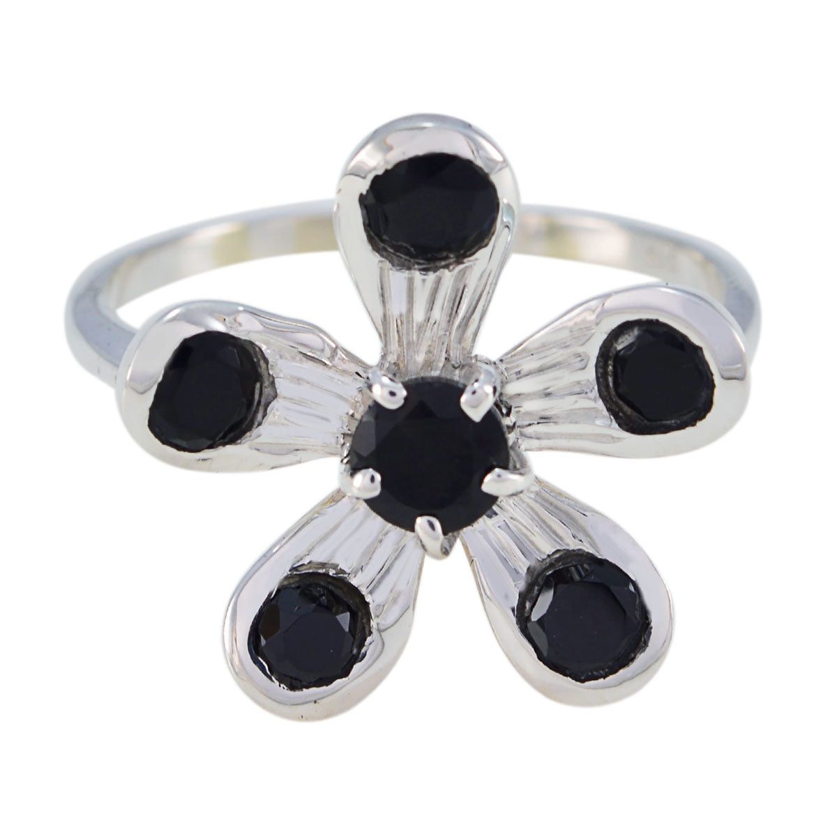 Priya black gemstone flower ring with five black stones in floral silver setting