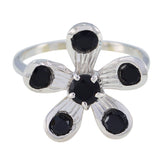 Priya black gemstone flower ring with five black stones in floral silver setting