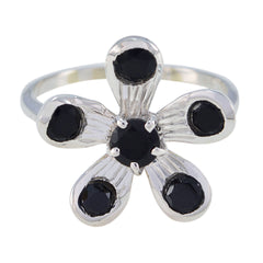 Priya black gemstone flower ring with five black stones in floral silver setting