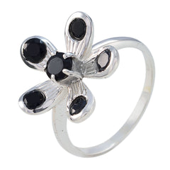 Priya silver ring with black gemstone flower ring design featuring five black gemstones