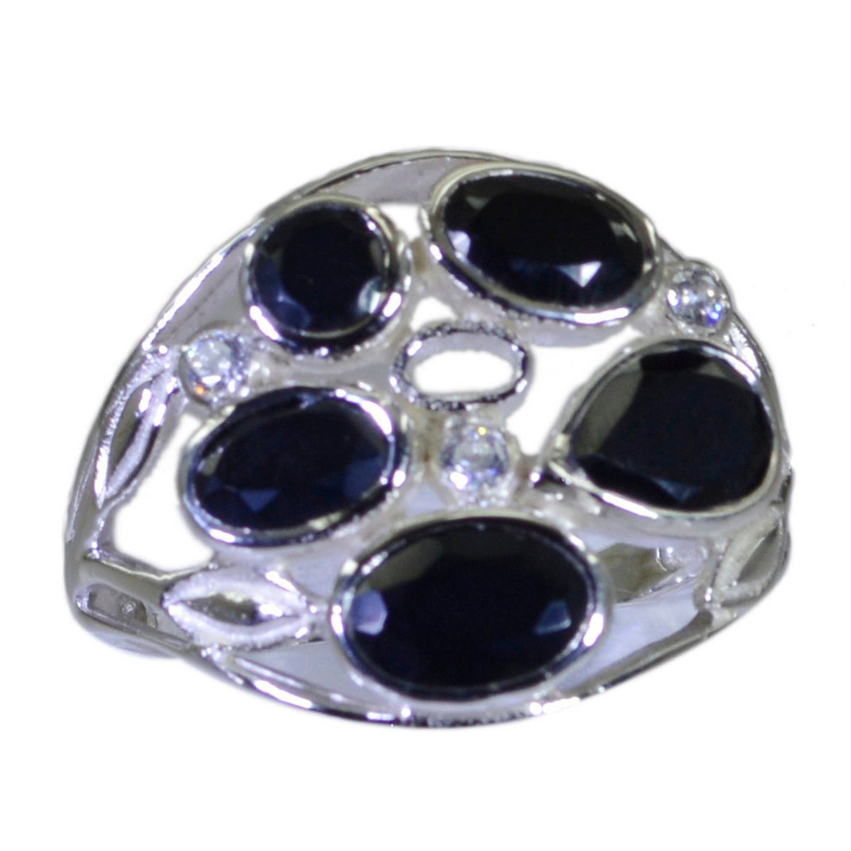 Natcha black gemstone ring for women with multiple oval black stones set in silver band