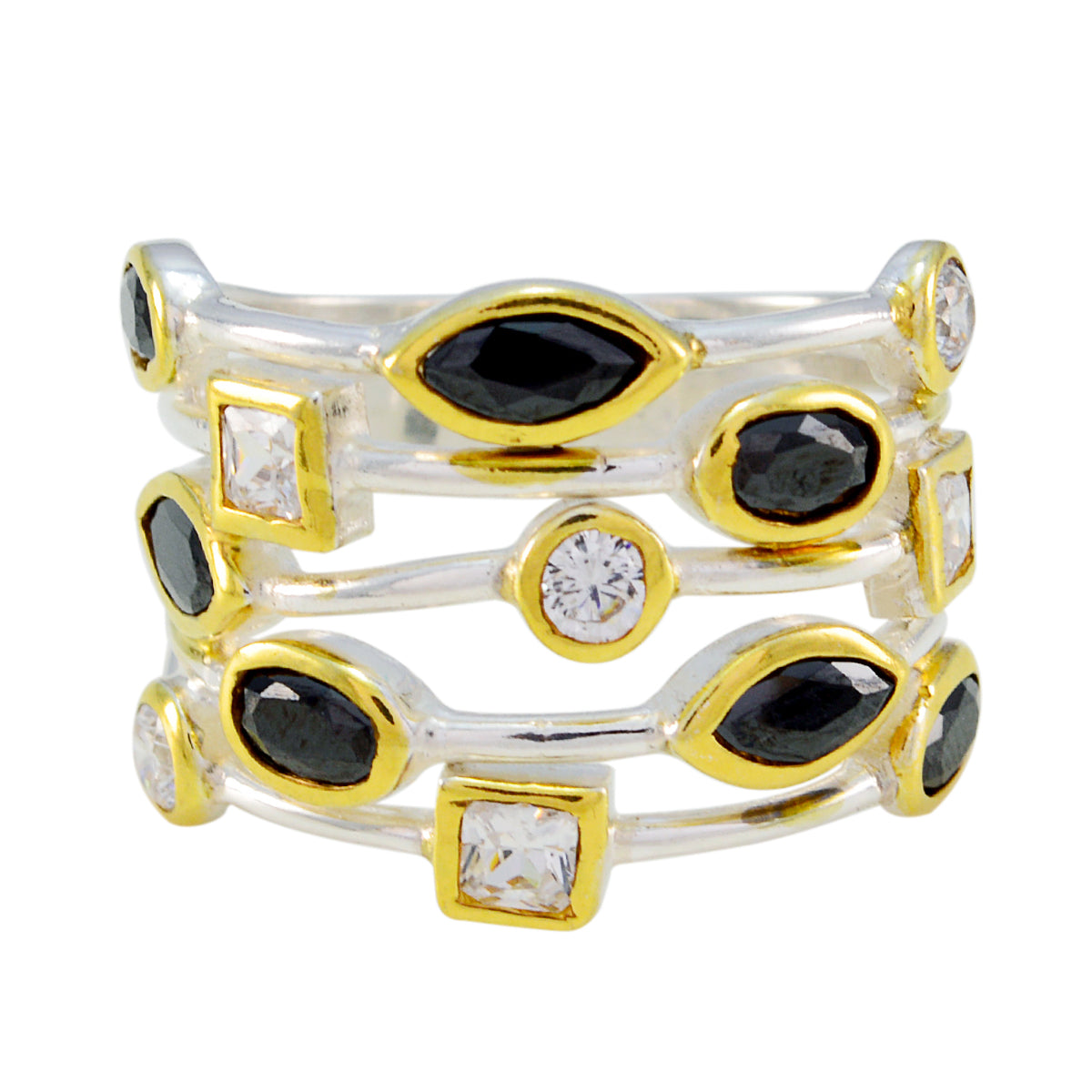 Isabella black gemstone statement ring with gold and silver multi-stone design