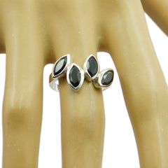 Maria black gemstone statement ring with three marquise-cut black stones on silver band