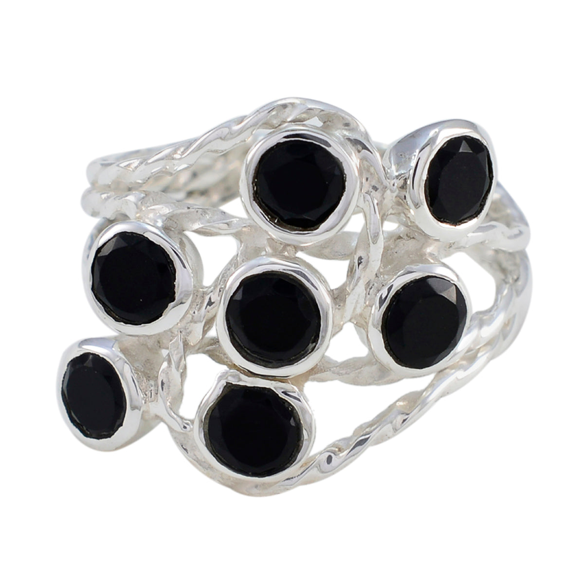 Audrey black gemstone statement ring with multiple round black stones set in silver band