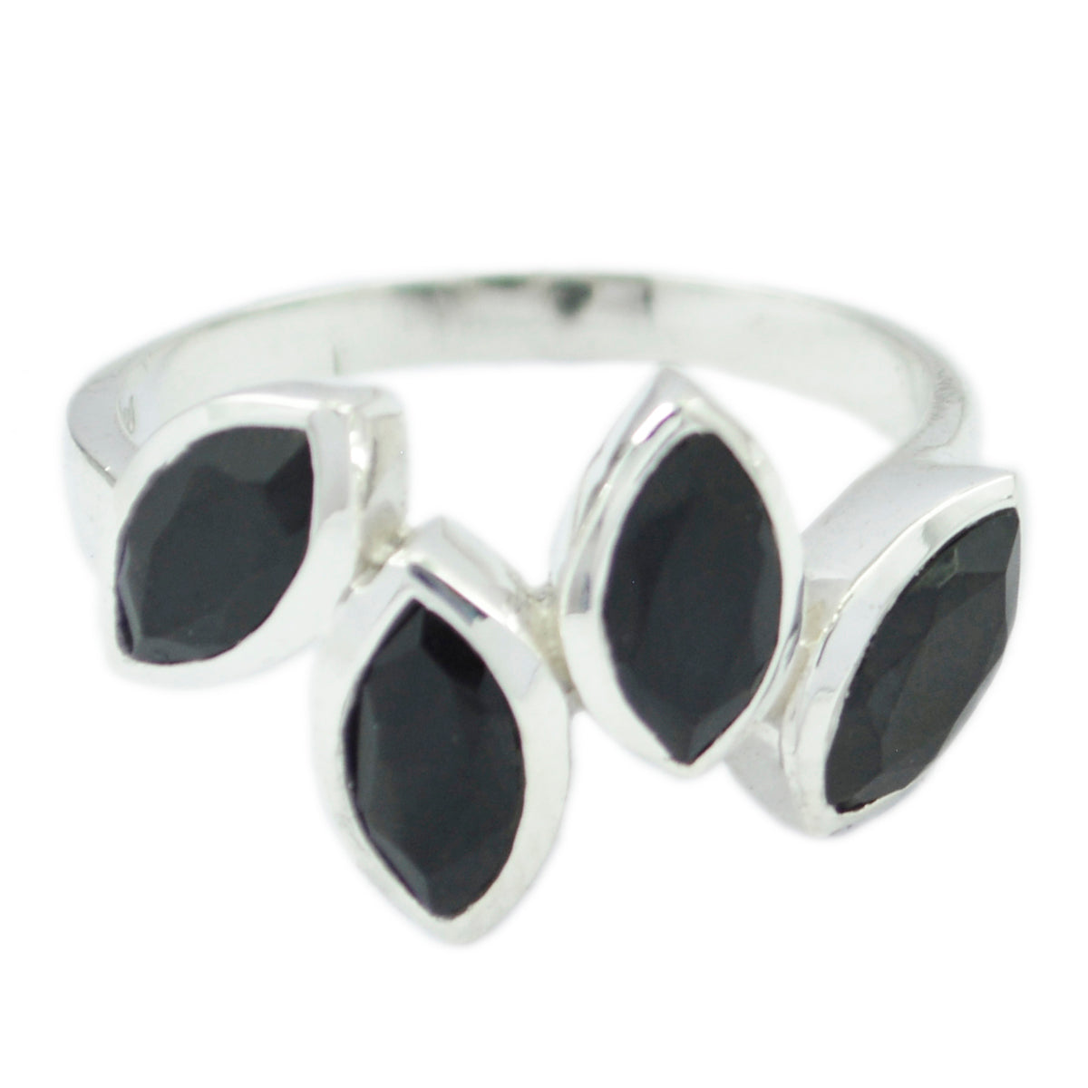 Silver ring featuring four marquise-cut black stones as a black gemstone statement ring by Maria