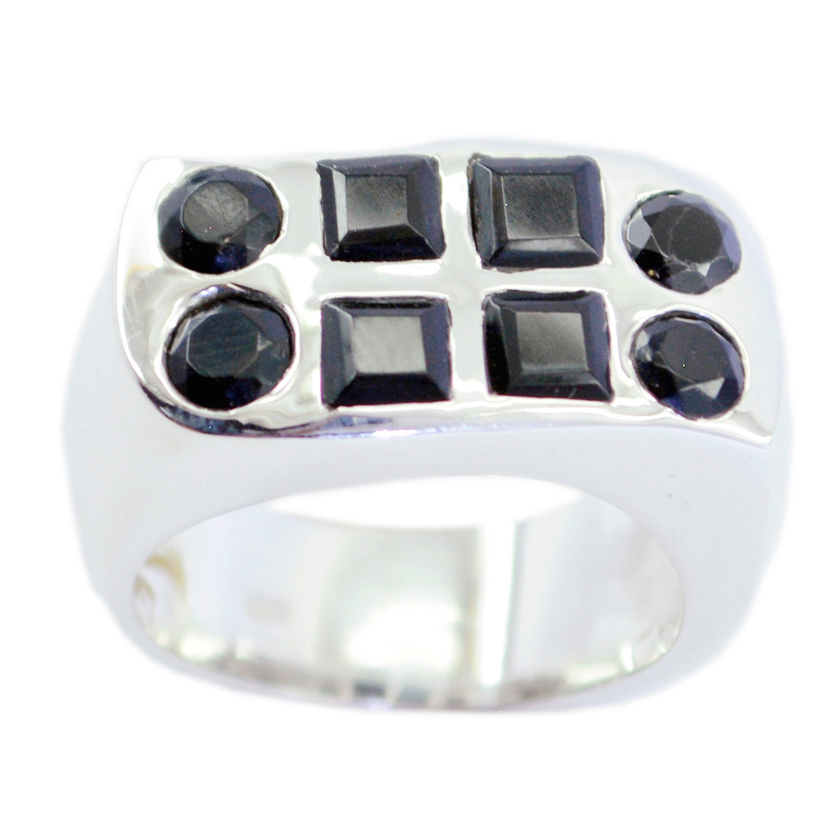 Nora ring featuring multiple black gemstones in a silver band black gemstone statement ring