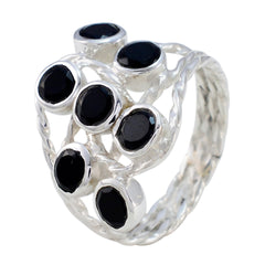 Audrey silver black gemstone statement ring with multiple oval black stones and intricate band design