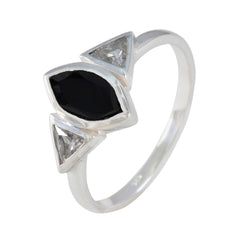 Lucia sterling silver ring with marquise black center and two triangular accents black gemstone trilogy ring