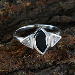 Lucia black gemstone trilogy ring with marquise black center stone and two triangular white stones