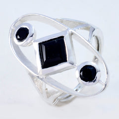 Lea black gemstone trilogy ring with square and round black stones set in silver band