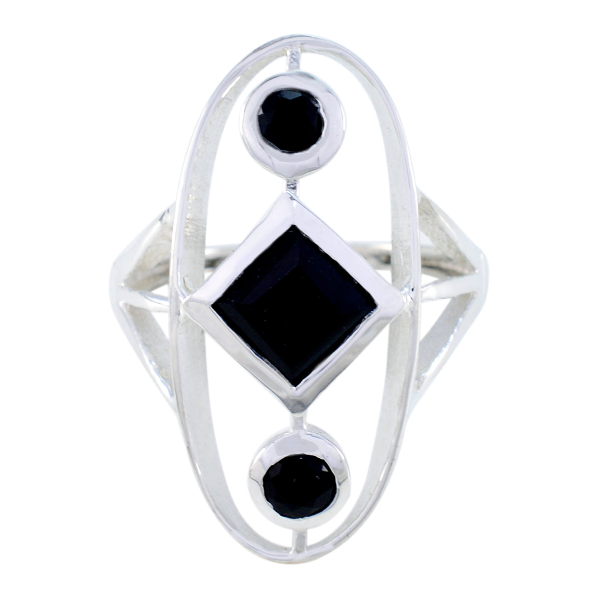 Lea black gemstone trilogy ring with two round and one square black gemstones set in silver band
