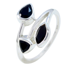 Nia black gemstone trilogy ring in sterling silver with three pear shaped black stones