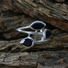 Nia silver open band ring with three bezel set black stones black gemstone trilogy ring for statement wear
