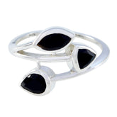 Nia sterling silver black gemstone trilogy ring with three marquise and pear shaped black stones