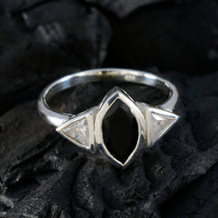 Lucia sterling silver black gemstone trilogy ring with marquise black center and triangular clear side stones