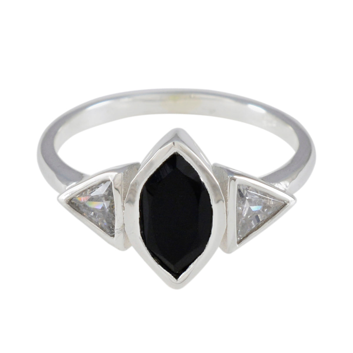 Lucia silver band ring with marquise black center stone flanked by two triangular clear stones black gemstone trilogy ring