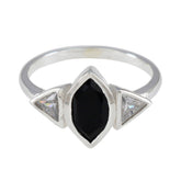Lucia silver band ring with marquise black center stone flanked by two triangular clear stones black gemstone trilogy ring