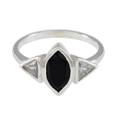 Lucia silver band ring with marquise black center stone flanked by two triangular clear stones black gemstone trilogy ring