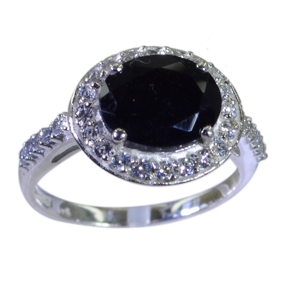 Violet black halo ring for women with a large black oval center stone and sparkling clear accents