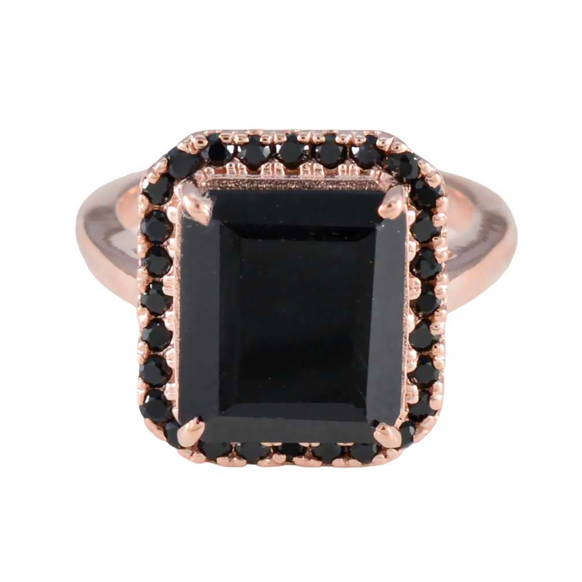 Chloe black halo ring for women with square black center stone and rose gold band