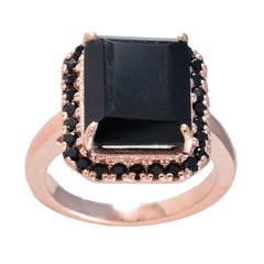 Chloe black halo ring for women with a large square black stone and rose gold band