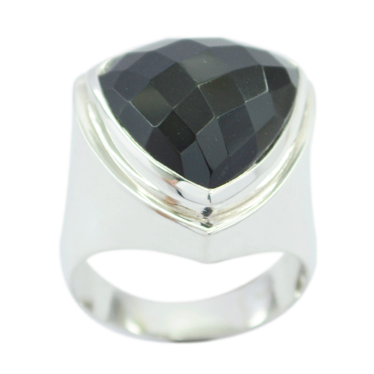 Elena black solitaire cocktail ring with faceted black stone set in sleek silver band