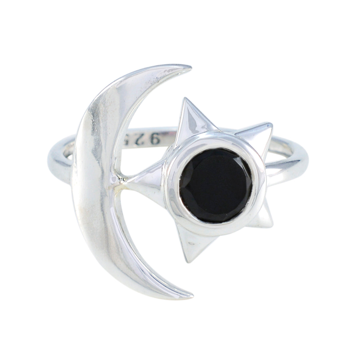 Marie Black Solitaire Moon Star Ring in Silver Black Onyx Black