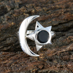 Marie Black Solitaire Moon Star Ring in Silver