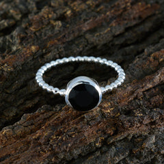 Hannah Black Solitaire Ring with Beaded Silver Band