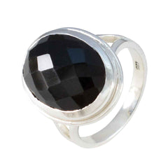 Dewi sterling silver ring with large faceted oval black gemstone bezel setting black solitaire ring for women