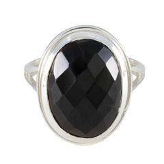 Dewi sterling silver ring with faceted oval black onyx stone in bezel setting black solitaire ring for women