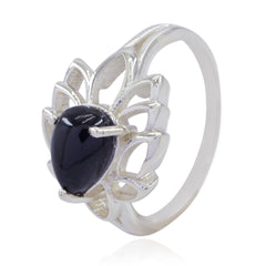 Sara black solitaire ring for women with teardrop shaped black stone and silver floral design