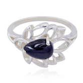 Sara black solitaire ring for women with teardrop black stone and silver floral design