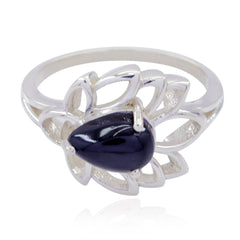 Sara black solitaire ring for women with teardrop black stone and silver floral design
