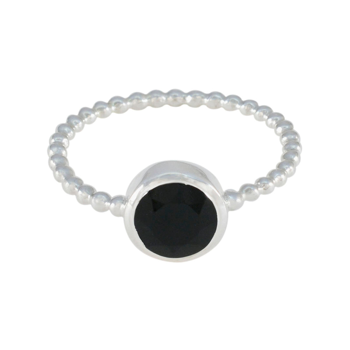 Hannah Black Solitaire Ring with Beaded Silver Band Black Onyx Black