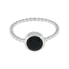 Hannah Black Solitaire Ring with Beaded Silver Band Black Onyx Black