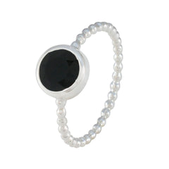 Hannah Black Solitaire Ring with Beaded Silver Band