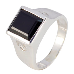 Greta Black Solitaire Ring with Sleek Silver Band Black Onyx Black