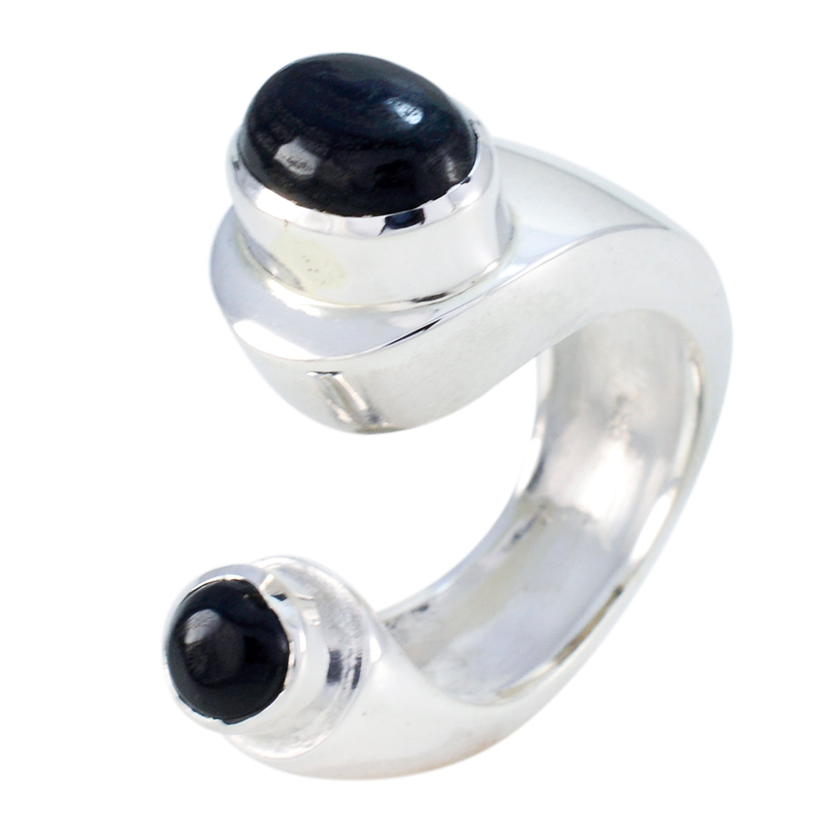 Lucy black toi et moi ring sterling silver open band with two black cabochon stones elegant modern design