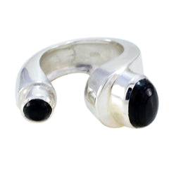 Lucy black toi et moi ring polished silver open band with two black cabochon stones one larger one smaller