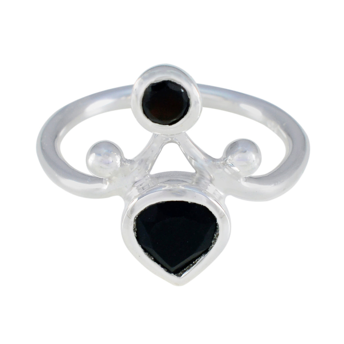 Sarah silver black toi et moi ring with pear and round black stones on polished band