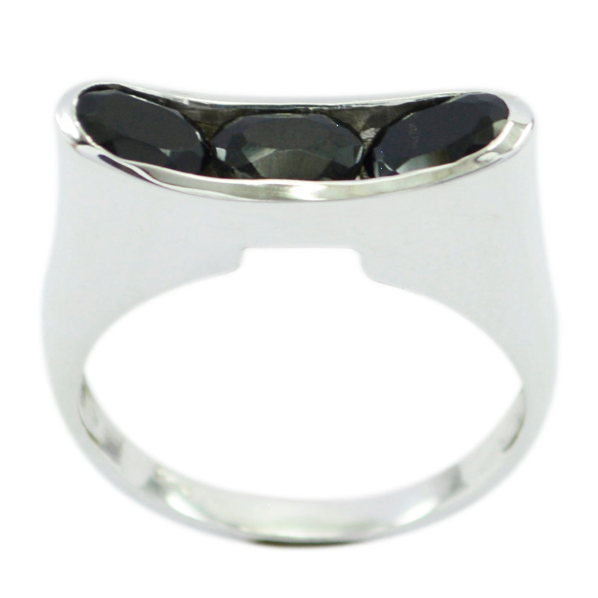 Teresa black trilogy gemstone ring featuring three black gemstones set in a silver band