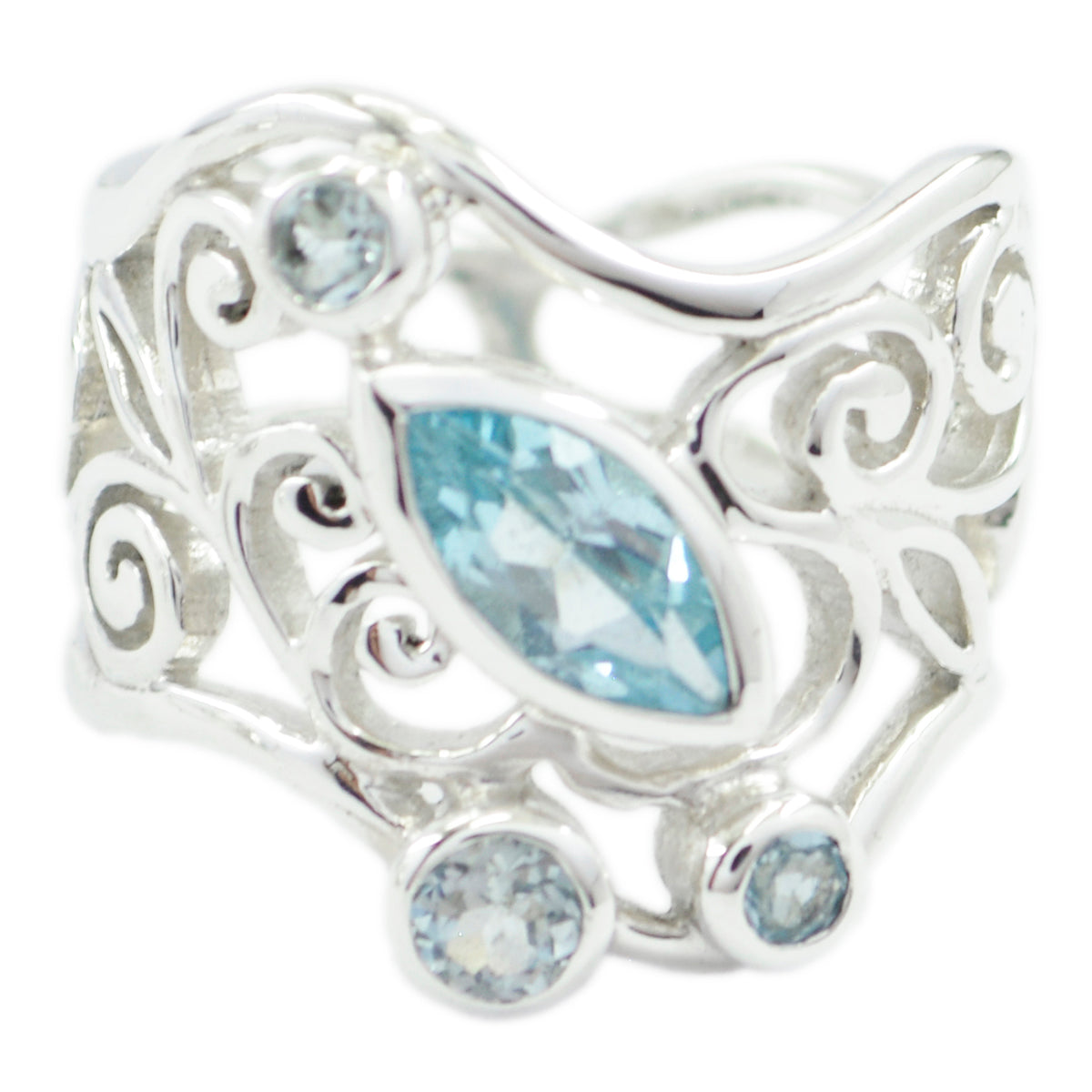 Yasmin silver blue filigree gemstone ring with marquise center stone and decorative scroll filigree details