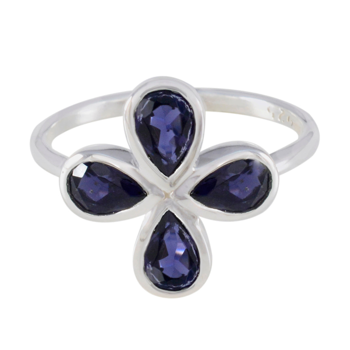 Nella blue floral gemstone ring with four teardrop-shaped deep blue stones in silver setting