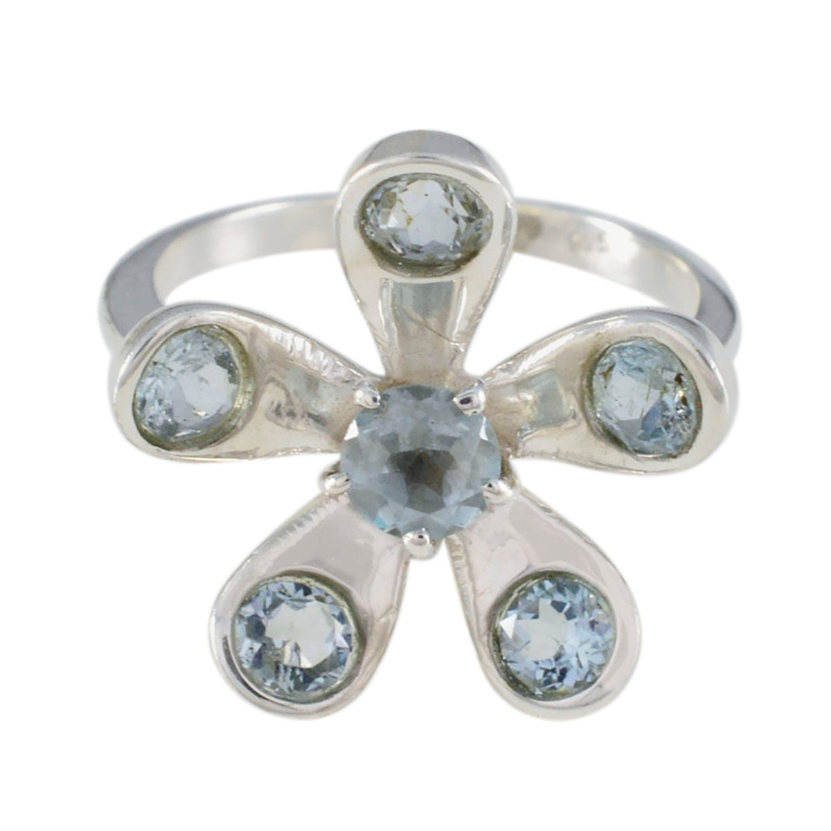 Claire blue floral gemstone ring with silver band and light blue stones arranged in flower shape
