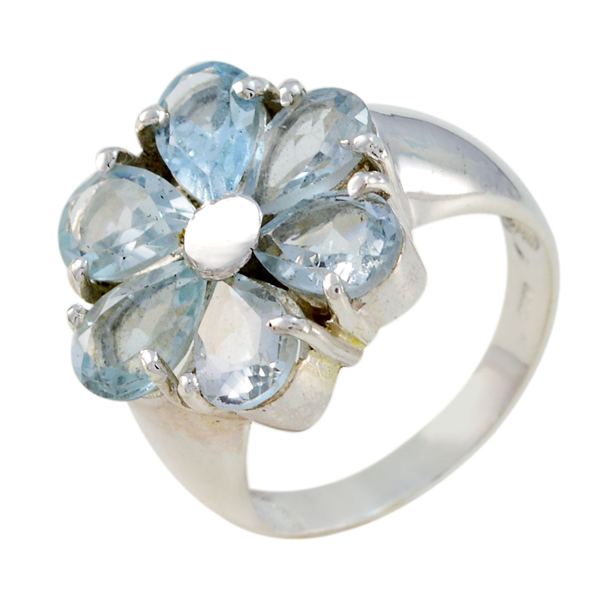 Lucia blue floral gemstone ring with pear-shaped blue stones set in silver band