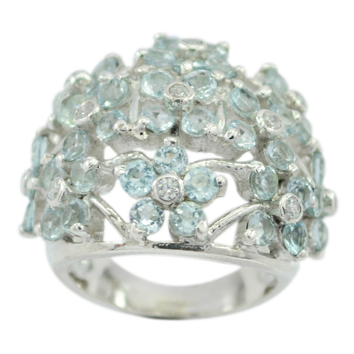 Dayana blue floral statement ring with light blue gemstones arranged in flower shapes