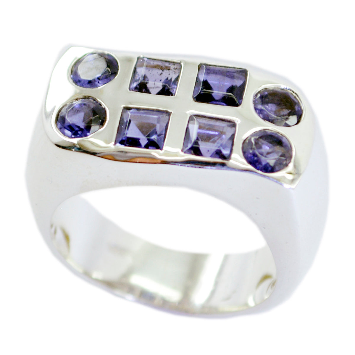 Olivia blue gemstone artisan ring with multiple square and round blue stones set in silver band