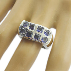 Olivia blue gemstone artisan ring with square and round stones on silver band