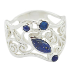 Priya blue gemstone filigree ring with ornate silver swirls and multiple blue stones